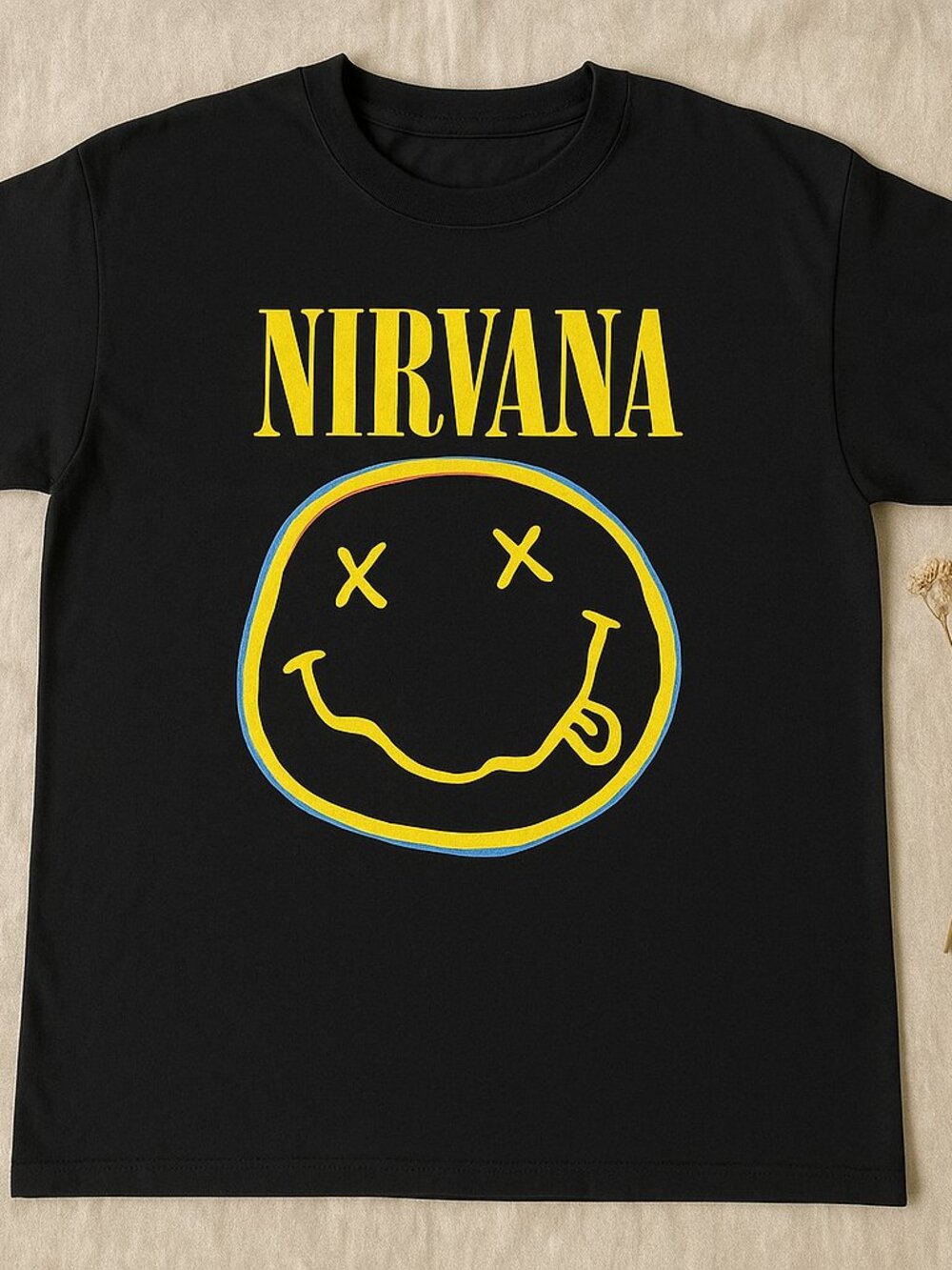 Nirvana Graphic T-Shirt | Colorful Smiley Face Tee | Black Grunge Rock Shirt